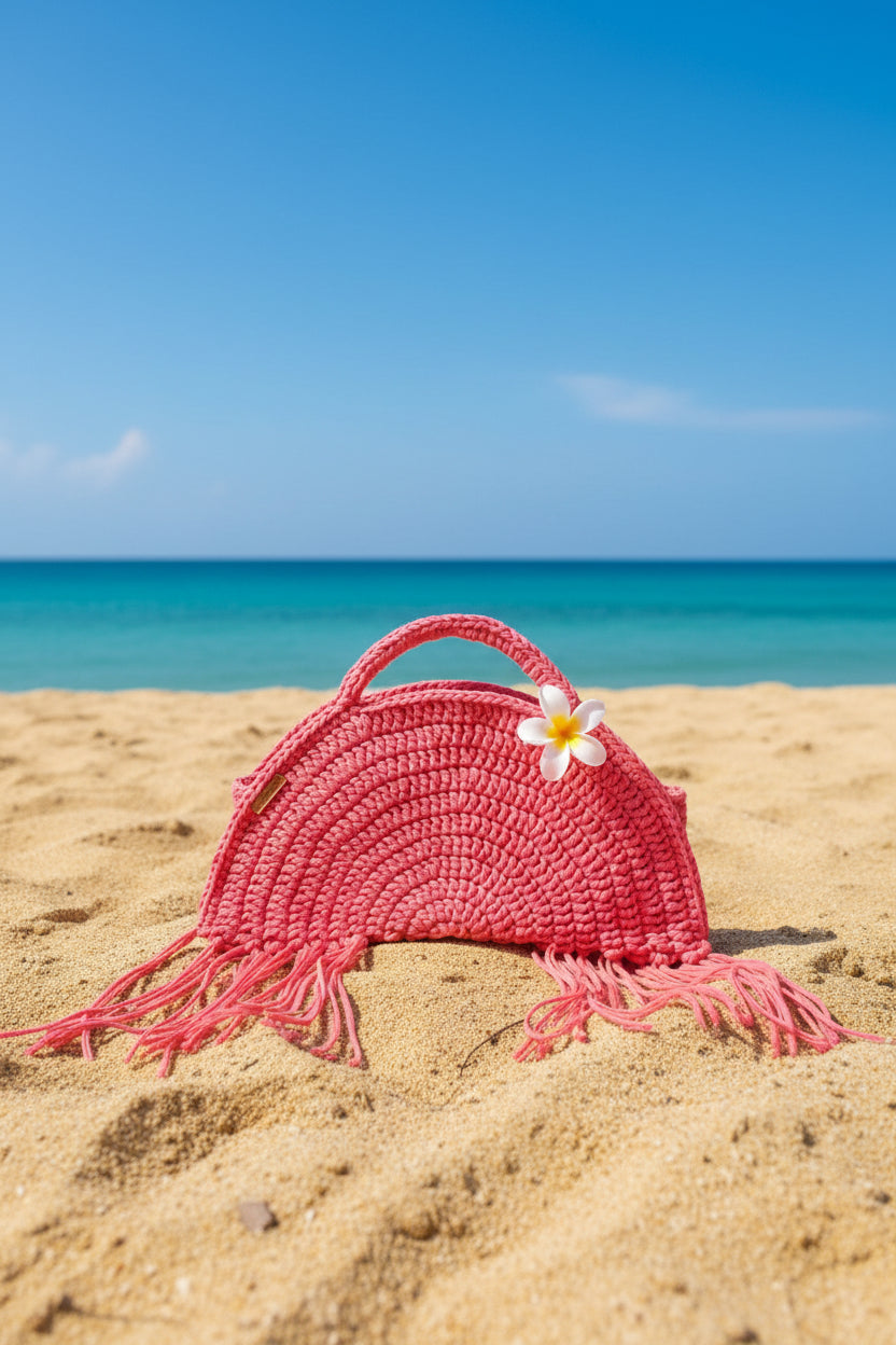 Mezzaluna Bag Tropical – borsa crochet corallo con frange e fiore