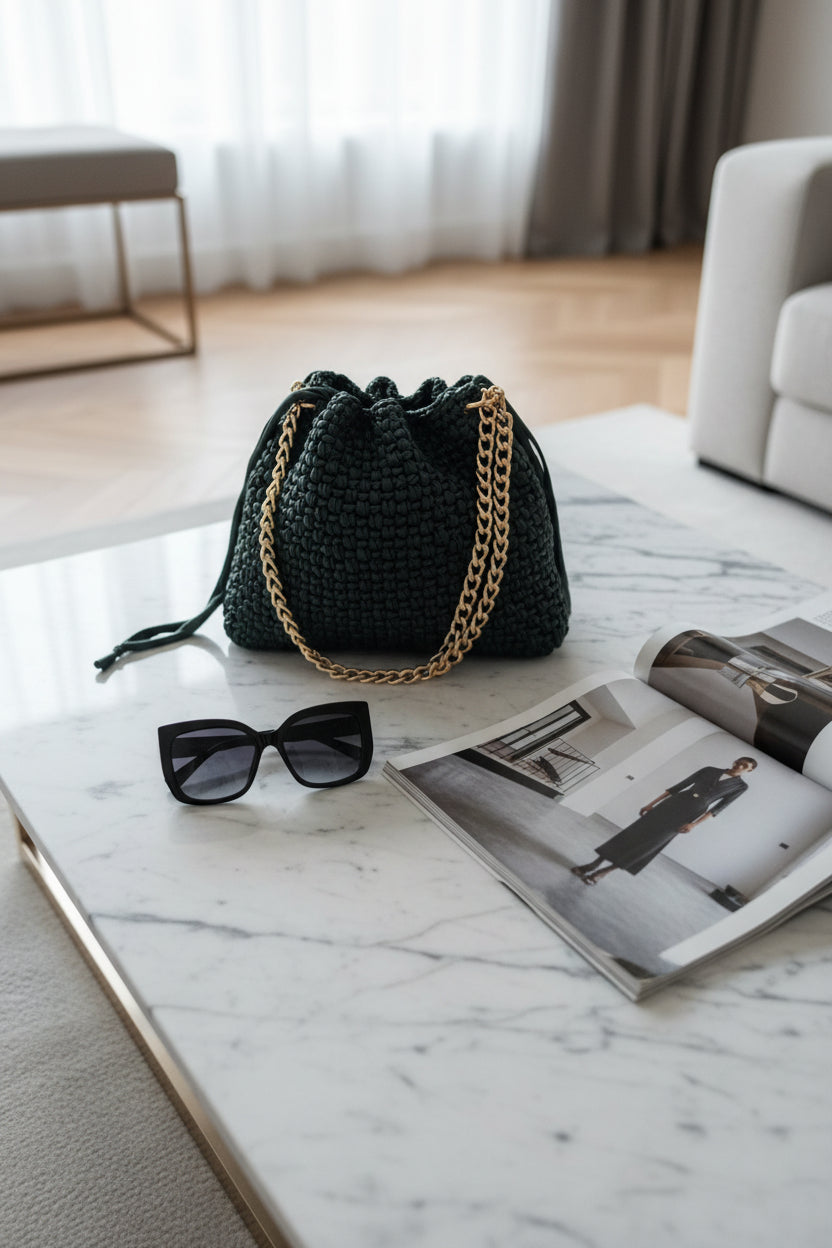 Pouch Bag Verde — Ecopelle Intrecciata con Catena Dorata