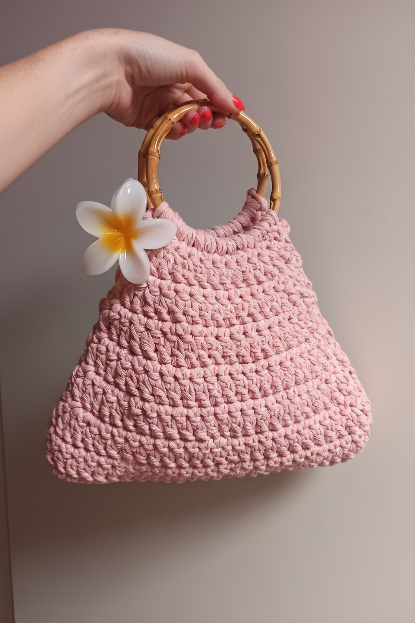 Borsa crochet rosa in primo piano