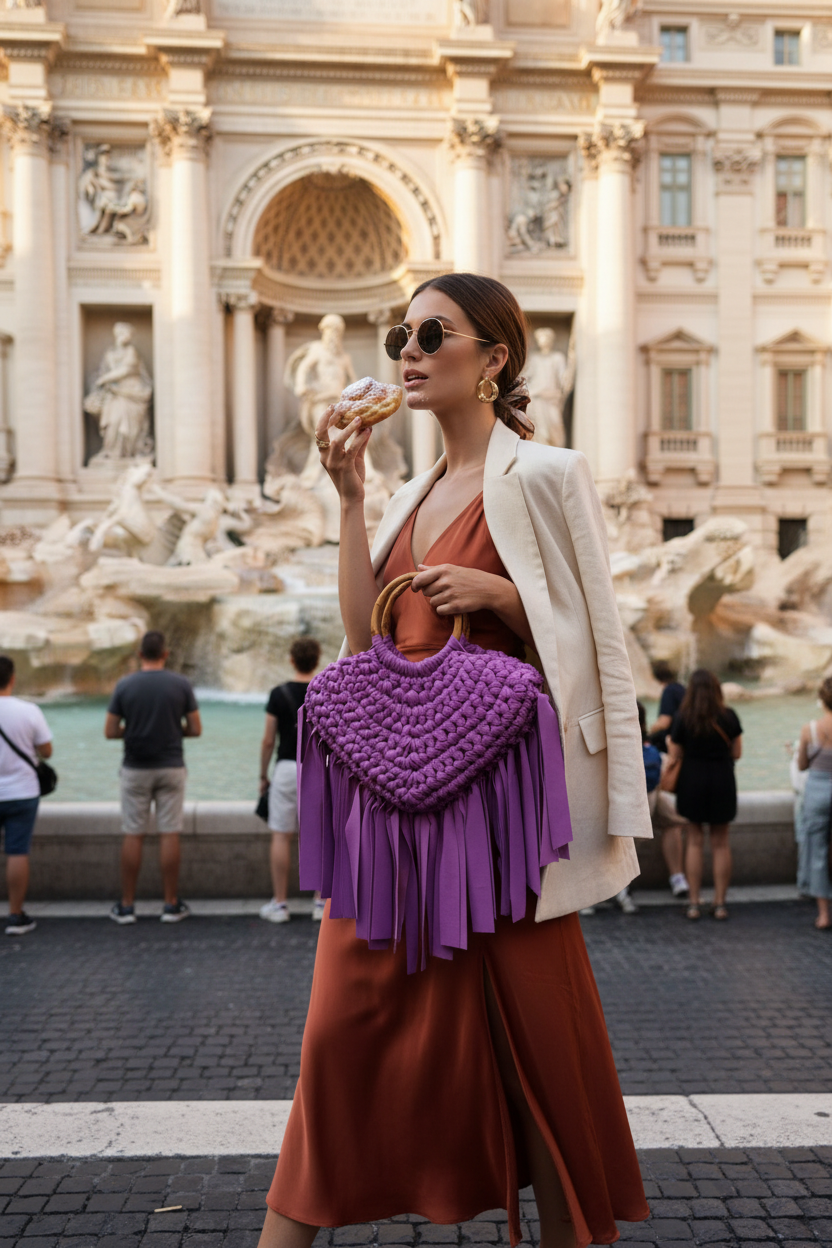 Borsa crochet viola alla Fontana di Trevi
