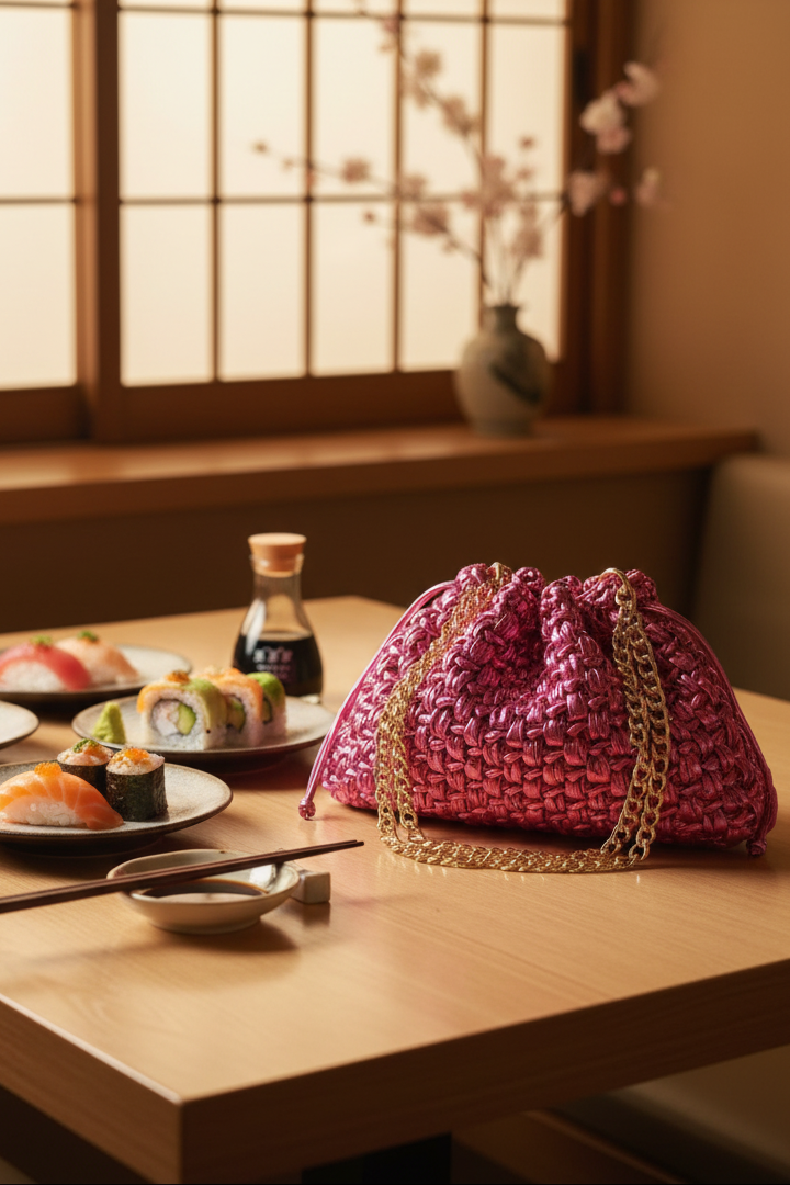Borsa rosa a lato tavolo sushi