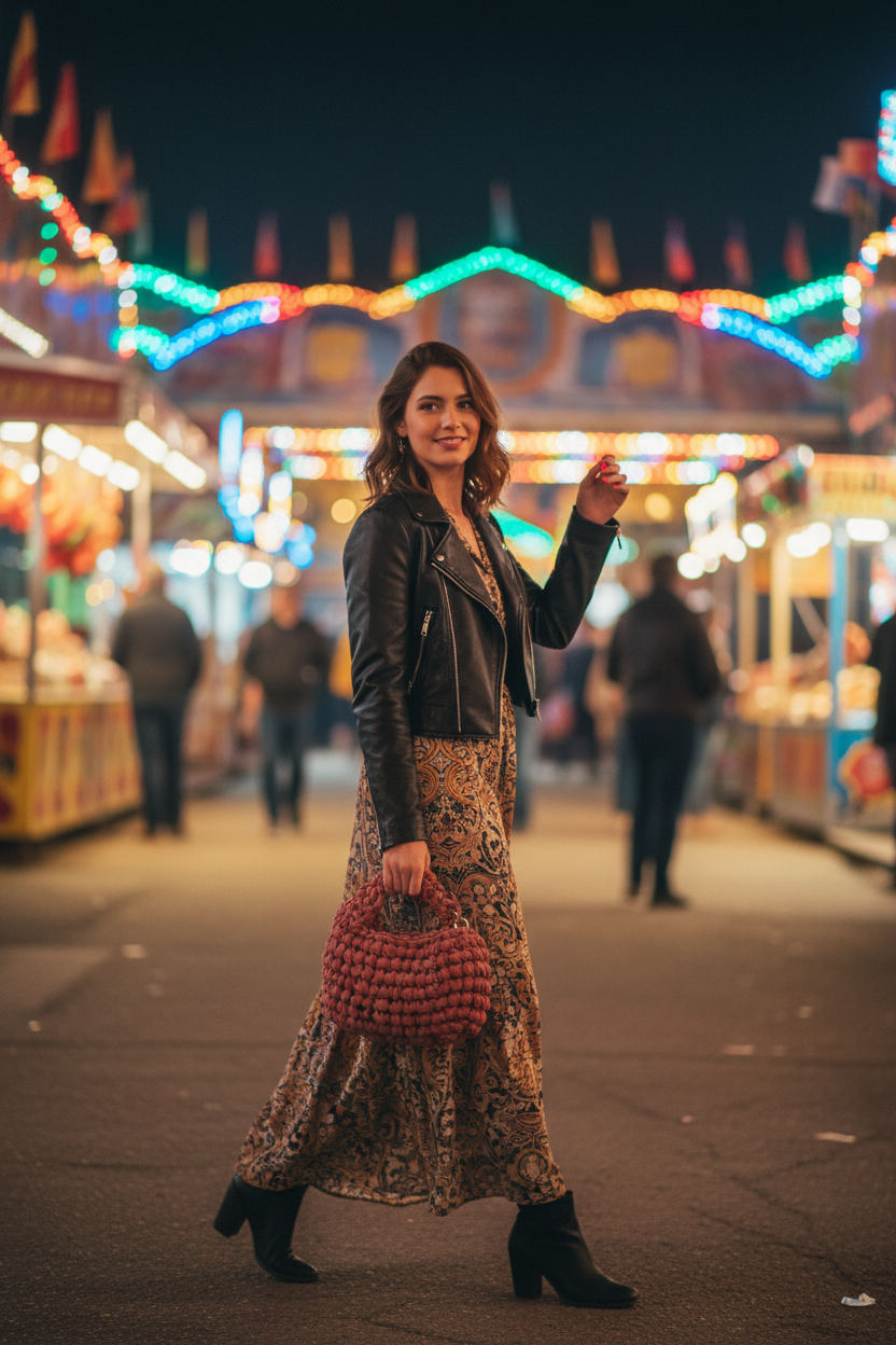 Modella con borsa crochet rosa antico al luna park