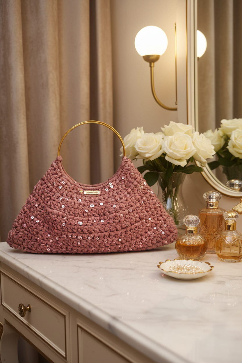 Borsa crochet rosa su tavolo in marmo con rose bianche