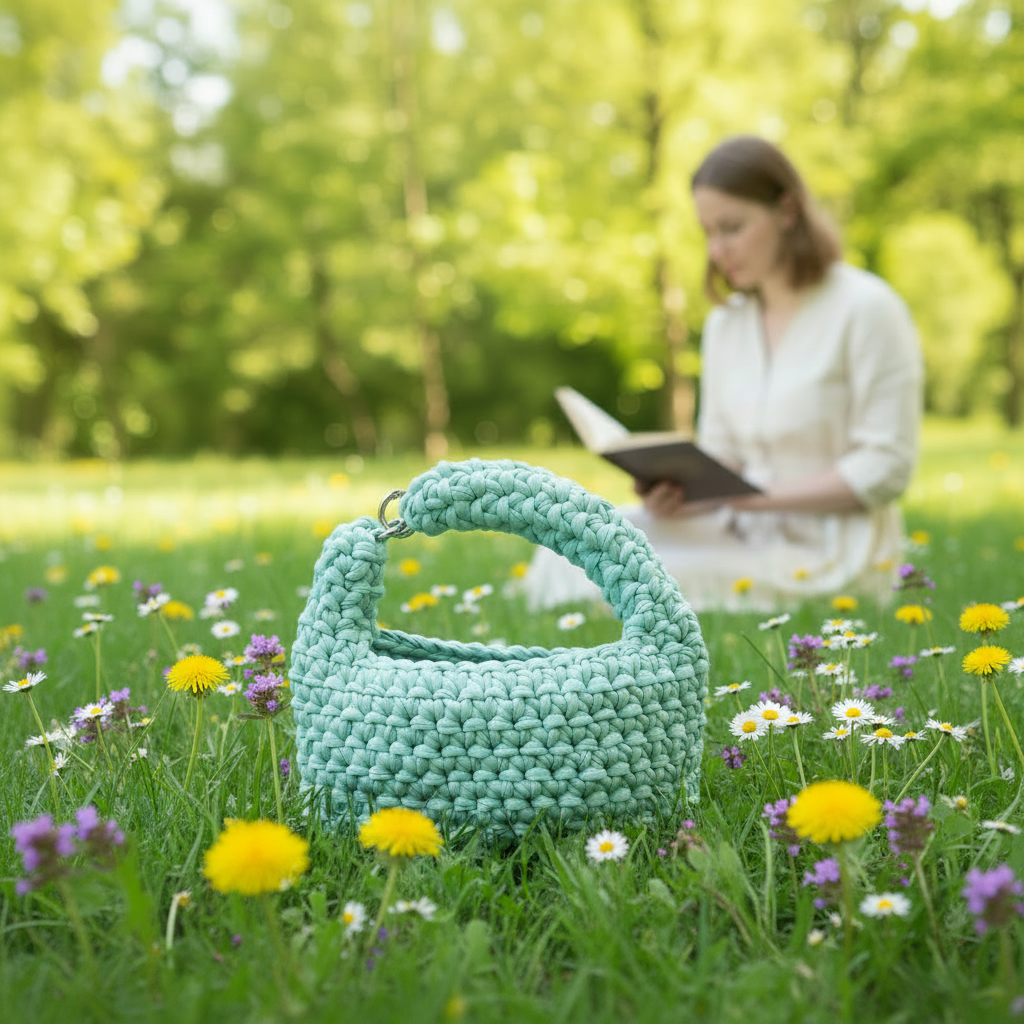 Borsa uncinetto verde menta su prato verde
