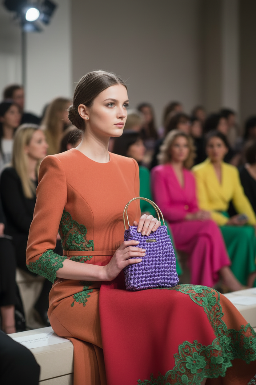 Modella con Bon Bon Pochette lavanda a una sfilata di moda