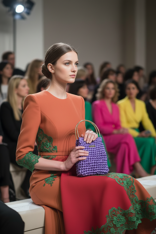 Modella con Bon Bon Pochette lavanda a una sfilata di moda