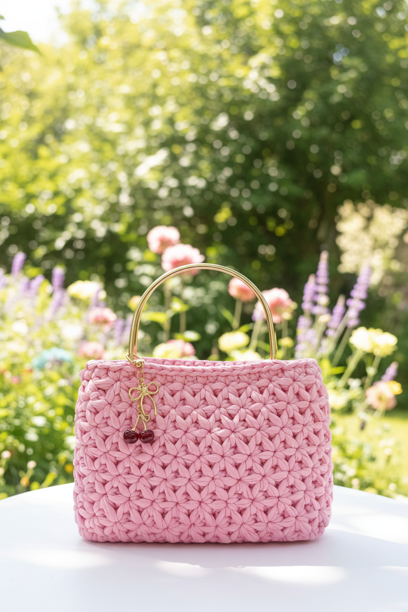 Borsa crochet rosa in giardino estivo