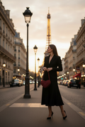 Modella sofisticata che passeggia per Parigi con la borsa cuore bordeaux