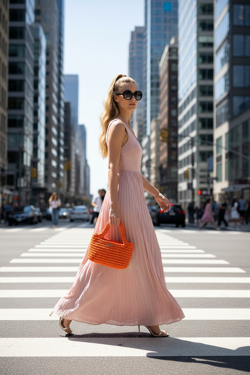 Modella bionda alta e magra con vestito rosa e shopper arancione