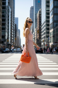 Modella bionda alta e magra con vestito rosa e shopper arancione