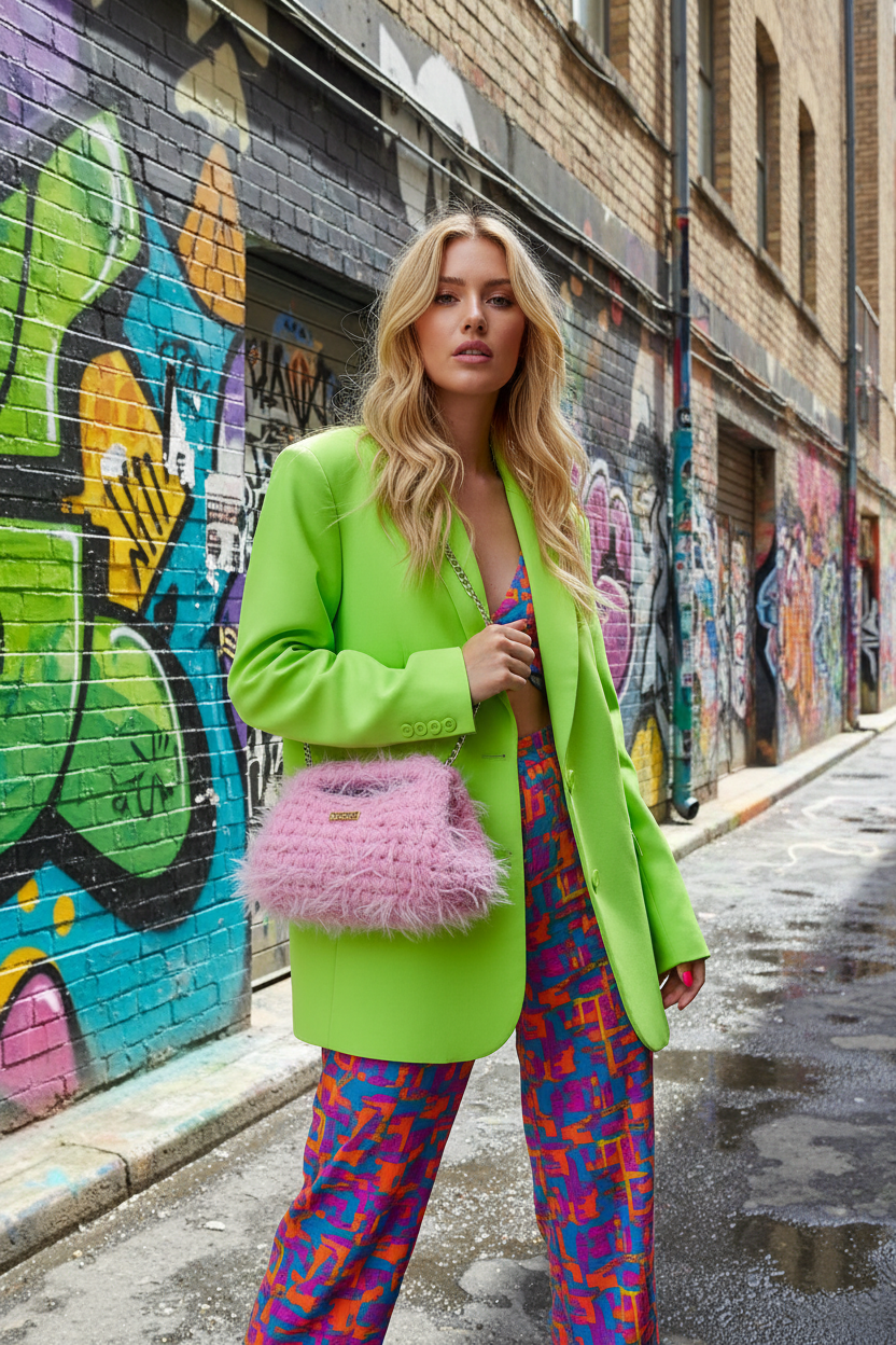 Modella bionda con borsa crochet rosa