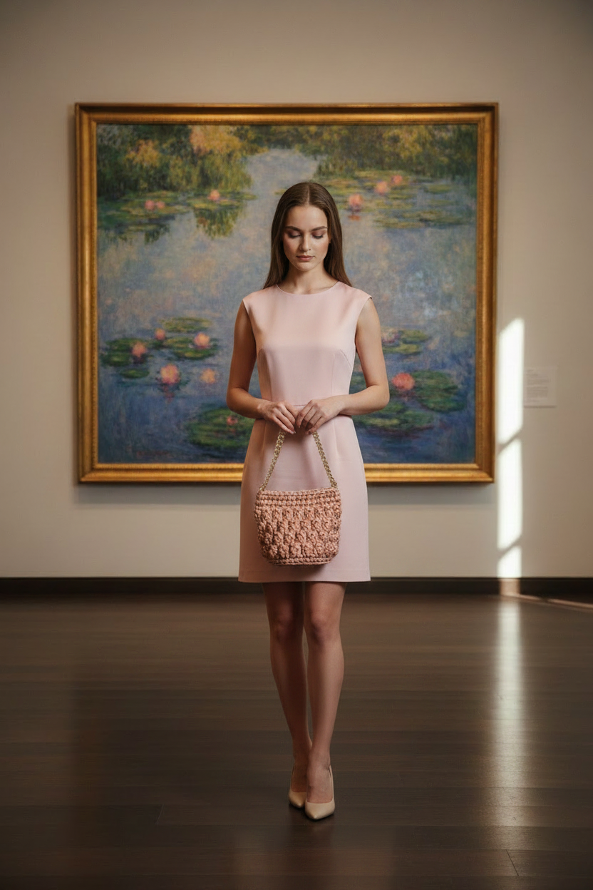 Modella mini dress in galleria con Monet