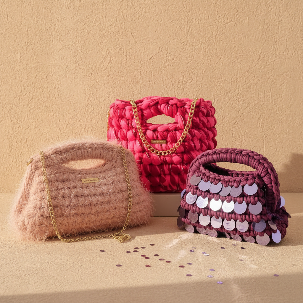 Tre borse crochet sfondo beige caldo